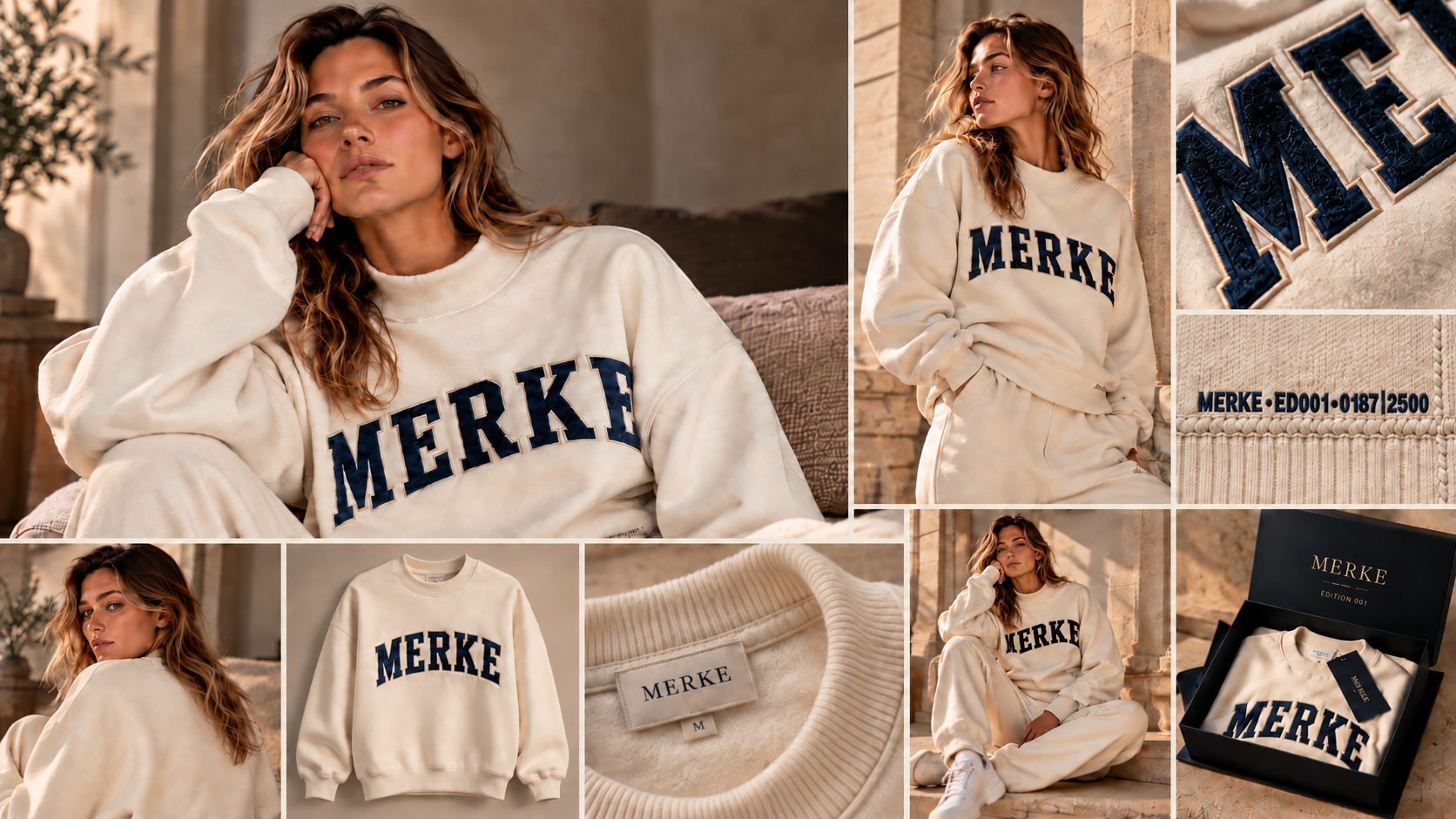 MERKE ED001 editorial, product and packaging presentation with a discreet centered MERKE back-neck tag